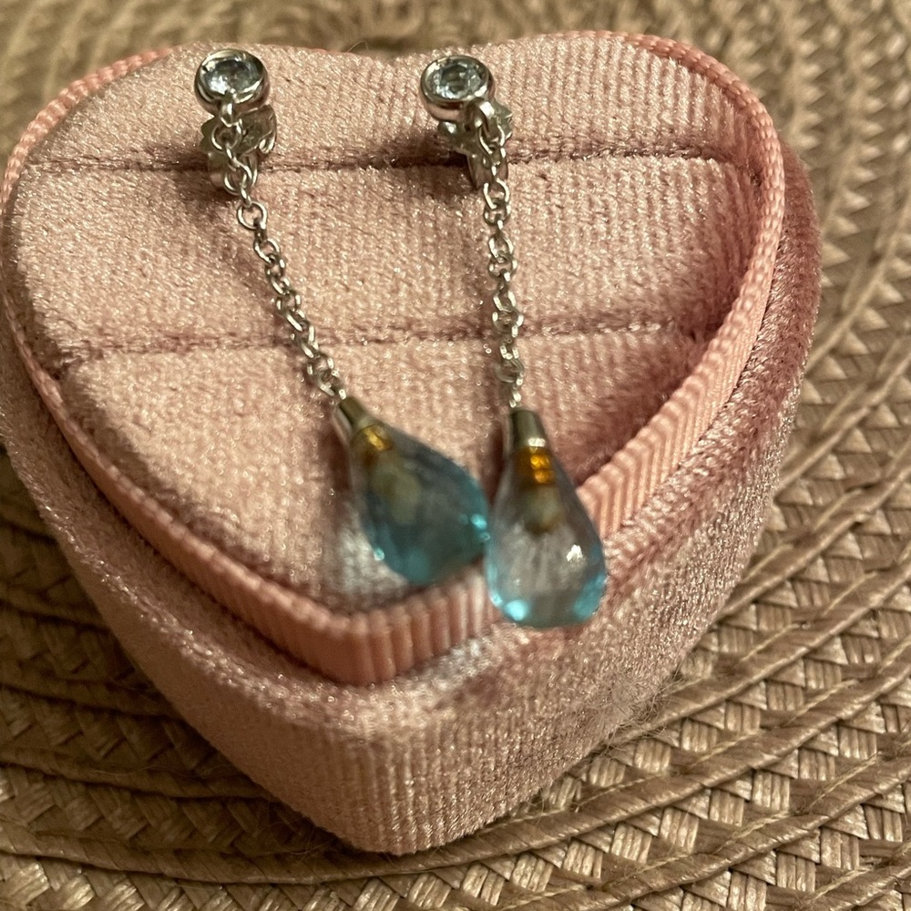 White gold blue topaz drop earrings. - Picture 3 of 5